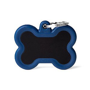 Plaquinha de Identificação Osso Preto de Alumínio com Borracha Azul - MyFamily