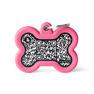 Plaquinha de Identificação Hushtag Plus QR Code Preta em Alumínio em formato de Osso com Borracha Rosa - MyFamily