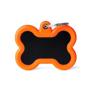 Plaquinha de Identificação Osso Preto de Alumínio com Borracha Laranja XL - MyFamily