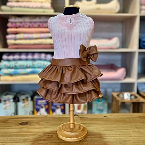 Vestido Tricot com Saia em Couro Sintético - Pink & Fanny