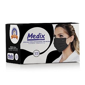 Máscara Tripla Preta Com Elástico E Clip Nasal Com 50 Unidades Medix