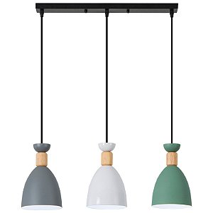 Luminária Pendente Triplo em linha Moderna de Teto com detalhe de Madeira