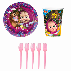 Kit Festa Masha e o Urso - 08 Copos, 08 Pratos + Brinde