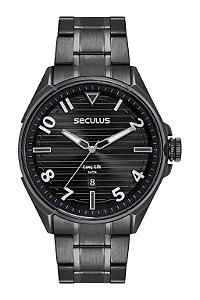 Relógio de Pulso Seculus, Caixa e Pulseira em Aço Preto, Mostrador Preto, Garantia de 02 Anos, Aprova D'água. Ref.: 77261GPSVPA1
