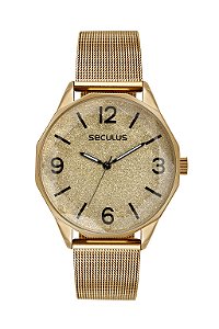 Relógio de Pulso Seculus, Mostrador Dourado, Caixa e Pulseira em Aço dourado, Garantia de 02 Anos, Aprova D'Água. Ref.: 77208LPSVDS1