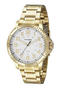 Relógio de Pulso Mondaine, Mostrador Branco, Caixa e Pulseira em Aço Dourado, Garantia de 02 Anos, Aprova D'água. Refe.: 99592GPMVDE1