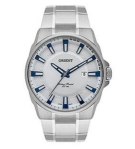 Relógio de Pulso Orient, Mostrador Branco Detalhes em Azul, Caixa e Pulseira em Aço, Aprova D'água.  Ref.: MBSS 1369