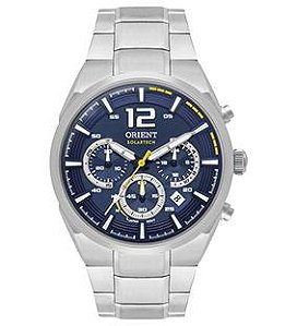 Relógio de Pulso Orient SolarTech, Multifunção, Mostrador Azul, Detalhes em Branco, Caixa e Pulseira em Aço, Aprova D'água.  Ref.: MBSSC 257.