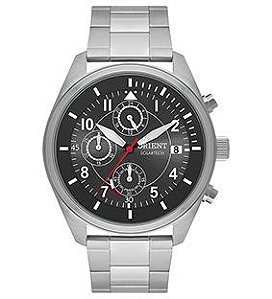 Relógio de Pulso Orient SolarTech, Multifunção, Mostrador Cinza, Detalhes em Branco, Caixa e Pulseira em Aço, Aprova D'água.  Ref.: MBSSC 249.