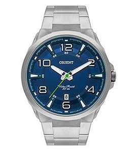 Relógio de Pulso Orient, Mostrador Azul, Detalhes em Branco,Números e Ponteiros Fluorecentes, Caixa e Pulseira em Aço, Aprova D'água.  Ref.: MBSS 1358