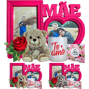 Kit dia das mães com urso + caneca te amo + rosa + quadro vermelho