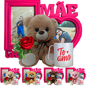 Kit dia das mães com urso + caneca te amo + rosa + quadro branco
