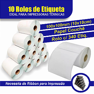 10 Rolos de Etiqueta 10x10cm (100x100mm) Couchê