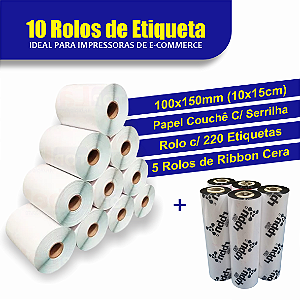 10 Rolos de Etiqueta Couchê 100x150mm + 5 Rolos de Ribbon Cera 110mm x 74m