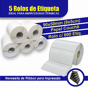 5 Rolos de Etiqueta Adesiva Couchê - 90x50mm