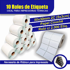 10 Rolos de Etiqueta Adesiva Couchê - 50x30mm 2 Carreiras