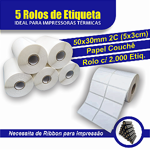 5 Rolos de Etiqueta Adesiva Couchê - 50x30mm 2 Carreiras
