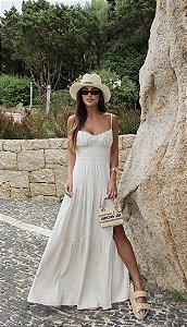Vestido de Linho Longo Com Fenda Natural