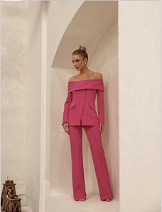 Conjunto Alfaiataria Calça + Blazer Ombro a Ombro Pink Tamanho:P