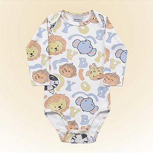 Body bebê masculino manga longa em malha de algodão estampa safari