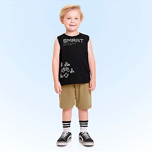 Conjunto Infantil masculino Regata Preta e Bermuda Bege - Estampa Gamer