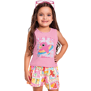 Conjunto Infantil Feminino 100% Algodão - Arara Rosa