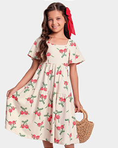 Vestido Infantil Feminino Bege com Estampa de Cerejas e Mangas de Babado