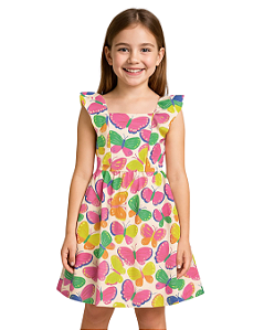 Vestido Infantil Fakini Bege com Estampa de Borboletas Coloridas