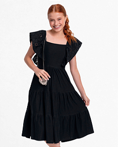 Vestido Juvenil Feminino Midi Fakini Cor Goiaba com Babado em Laise