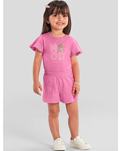 Conjunto Infantil Menina Verão Blusa Rosa Estampa Malha E Short Azul