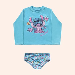 Conjunto Moda Praia Infantil Menina Com Proteção Solar com forro Stitch