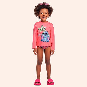 Conjunto Moda Praia Infantil Menina Com Proteção Solar com forro Stitch