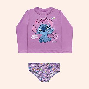 Conjunto Moda Praia Infantil Menina Com Proteção Solar com forro Stitch