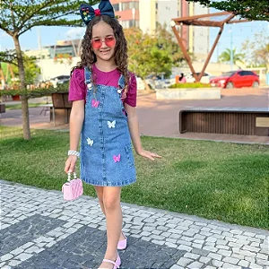 Jardineira Infantil Menina Jeans aplique Borboleta