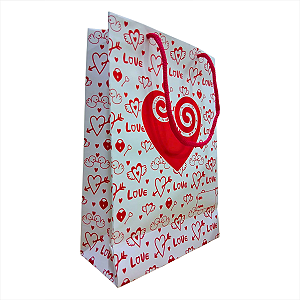 Sacolas De Papel Estampada CORAÇÕES Para Presente - 18x26x8cm C/250und