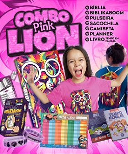 COMBO LION PINK • BÍBLIA+BIBLIKABOOM+SACOCHILA+PULSEIRA+CAMISETA +PLANNER+LIVRO