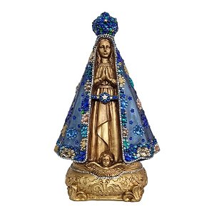 Imagem Nossa Senhora Aparecida 38cm Gesso Cristal Flor Azul Escuro