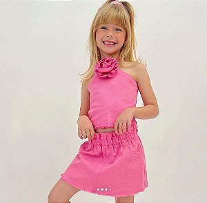 Conjunto Menina Verão Blusa Boxy e Shorts Saia em Sarja Onix com Elastano Barbie
