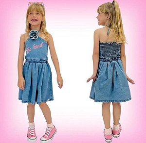 Vestido Infantil Verão em jeans com elastano Barbie