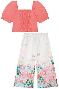 Conjunto de Blusa em Cropped em Tricoline com Elastano e Calça Cropped em Tecido Sarjado  Infanti