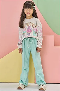 Conjunto de Blusão Boxy e Calça Wide Leg em Moletom S/ Pelúcia Kukiê Infantil Menina