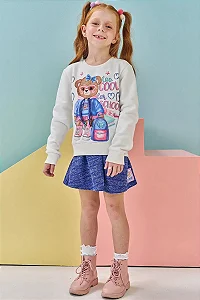 Conjunto de Blusão em Moletom com Pelúcia e Saia em Tricot Kukiê Infantil Menina