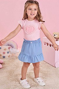 Conjunto de Body em Cotton e Short Saia em Light Chambray Infanti Bebê Menina