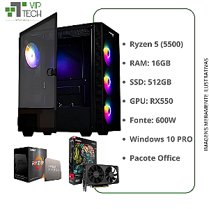 Computador Gamer Ryzen 5 5500 3.6Ghz Mem 16Gb Ddr4 Ssd 512Gb Fonte 600W GPU RX550 Windows 10 Pro