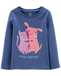 Camiseta Carters Infantil Manga Longa Cachorro e Gato