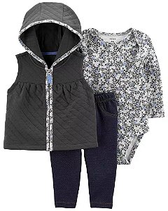 Conjunto Carters 3 pecas Colete Cinza Flores