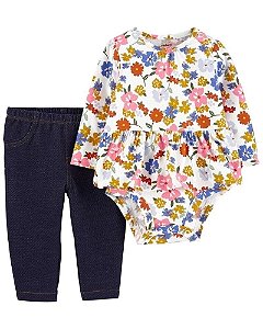Conjunto Carters 2 pecas Longo Flores e "Jeans"