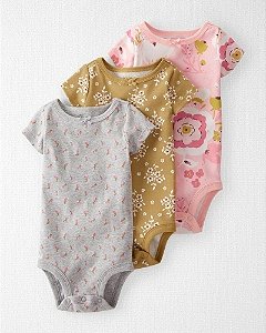 Kit Body Carters Manga Curta 3 pecas Algodao Organico Flores Little Planet