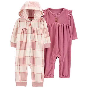 Kit Macacão Carters Fleece 2 pecas Rosa e Xadrez Coracao