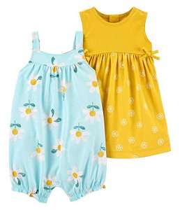 Kit Romper e Vestido Carters Macaquinho Flores Azul e Vestido Amarelo